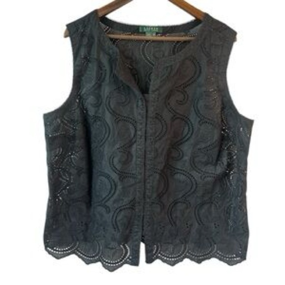Lauren Ralph Lauren Black Cotton Eyelet Embroidered Sleeveless Top - Picture 6 of 6